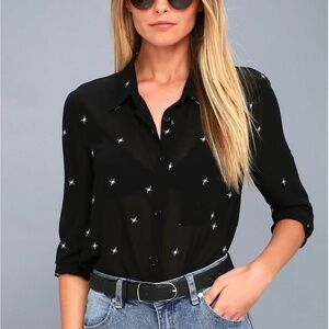 Lulu's Black Button Down Shirt with White Star Accents